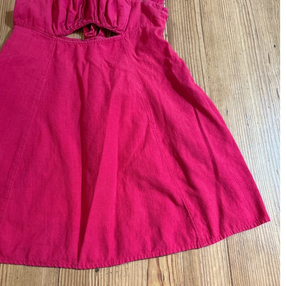 Free People Mini Dress Women Pink Boho‎ Cutout Ruffle Strap Cotton Linen SIZE S